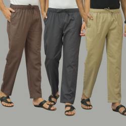 Combo of 3 Wood Brown Dark Gray and Beige Cotton Men Pants-46024