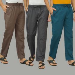 Combo of 3 Wood Brown Dark Gray and Blue Cotton Men Pants-46026