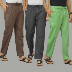 Combo of 3 Wood Brown Dark Gray and Parrot Green Cotton Men Pants-46025