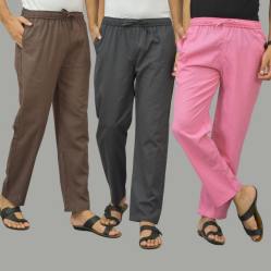 Combo of 3 Wood Brown Dark Gray and Pink Cotton Men Pants-46027