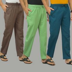 Combo of 3 Wood Brown Parrot Green and Blue Cotton Men Pants-46031