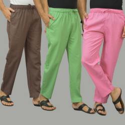 Combo of 3 Wood Brown Parrot Green and Pink Cotton Men Pants-46032