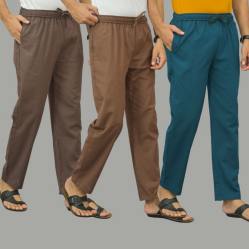 Combo of 3 Wood Brown Rust Brown and Blue Cotton Men Pants-46017