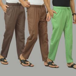 Combo of 3 Wood Brown Rust Brown and Parrot Green Cotton Men Pants-46016