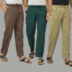 Combo of 3 Wood Brown Teal Blue and Beige Cotton Men Pants-46009