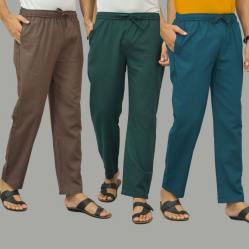 Combo of 3 Wood Brown Teal Blue and Blue Cotton Men Pants-46011