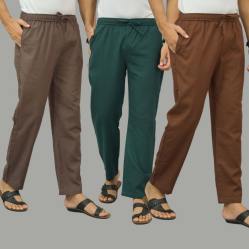Combo of 3 Wood Brown Teal Blue and Coffee Brown Cotton Men Pants-46007