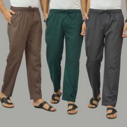 Combo of 3 Wood Brown Teal Blue and Dark Gray Cotton Men Pants-46008