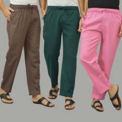 Combo of 3 Wood Brown Teal Blue and Pink Cotton Men Pants-46012