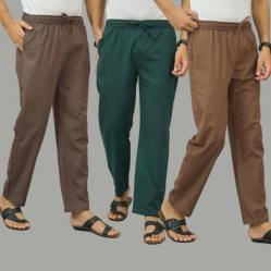 Combo of 3 Wood Brown Teal Blue and Rust Brown Cotton Men Pants-46006