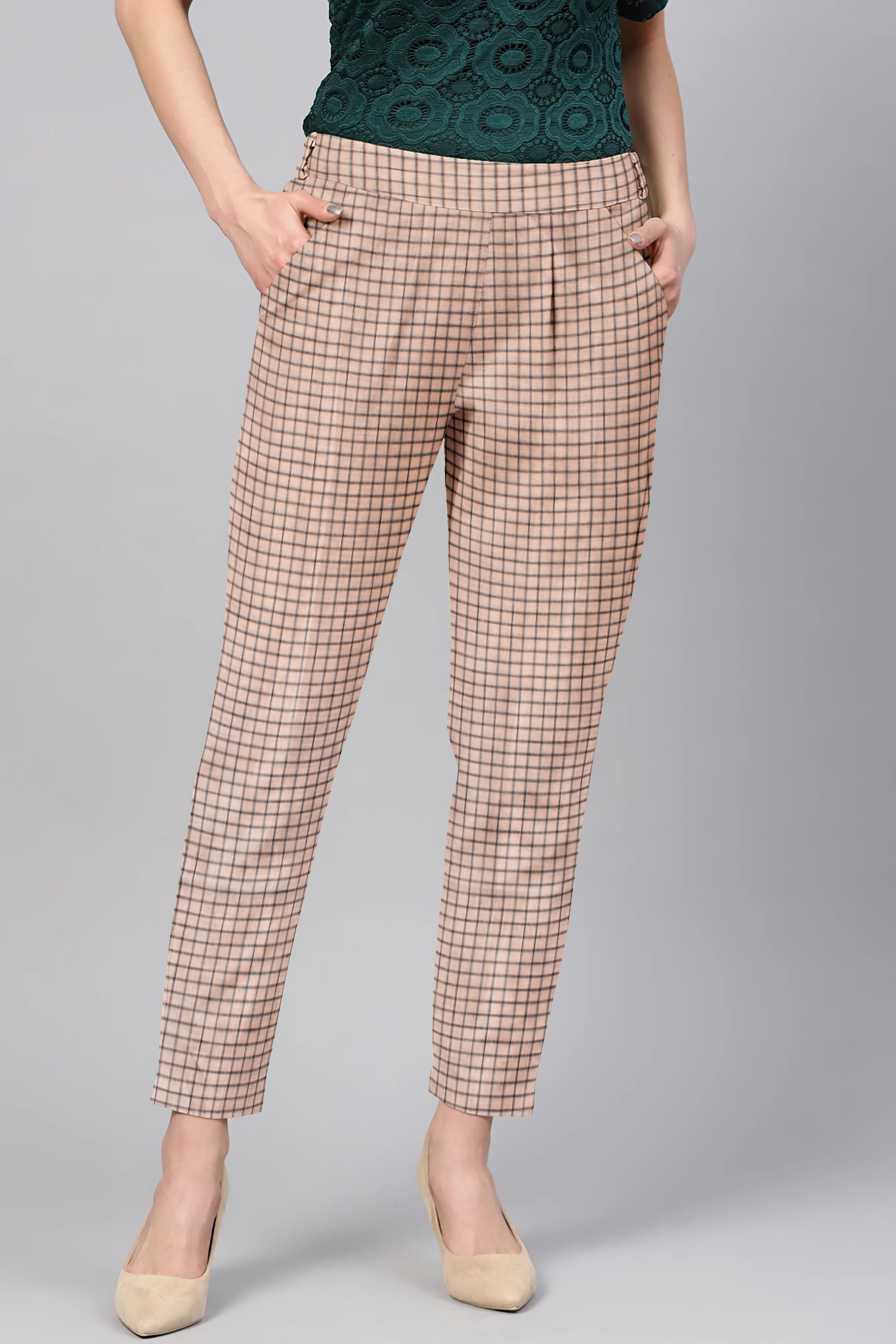 Cream Black Cotton Check Regular Fit Solid Trouser-36110