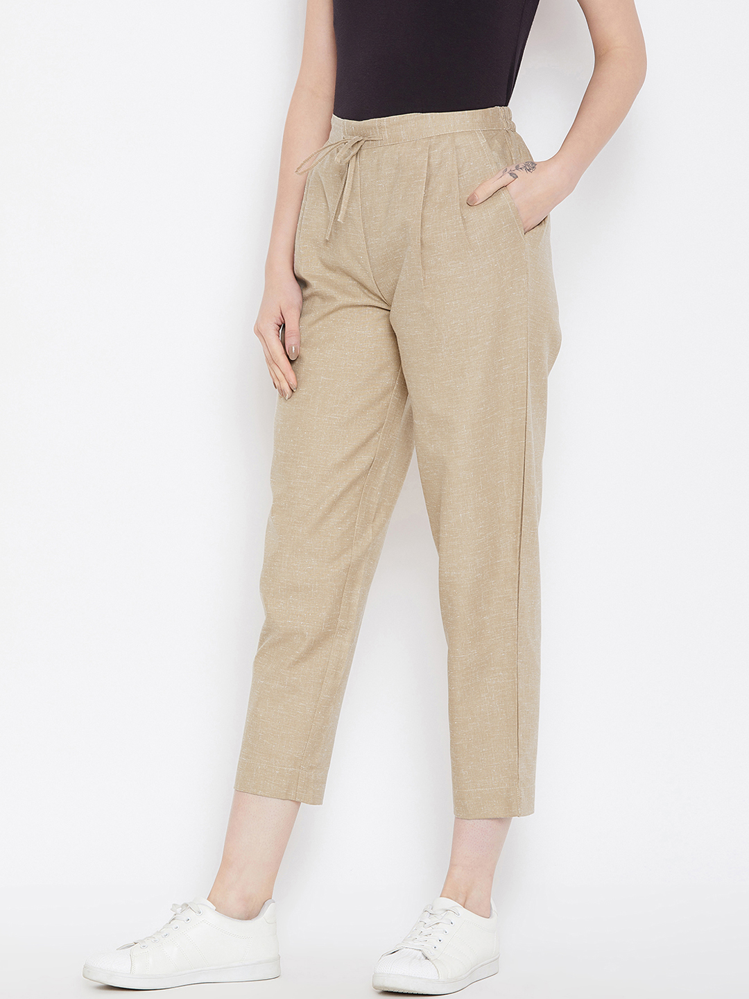 Cream Cotton Cropped Pant-33537