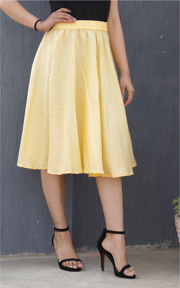 Cream Cotton Women Knee-Length Skirt-35291