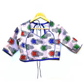 Cream-Green and Blue Kuchipudi Kalamkari Print Cotton Blouse-30038