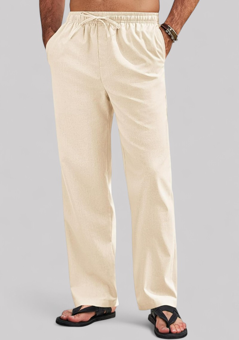 Cream Linen Relaxed Fit Men Pant-50195