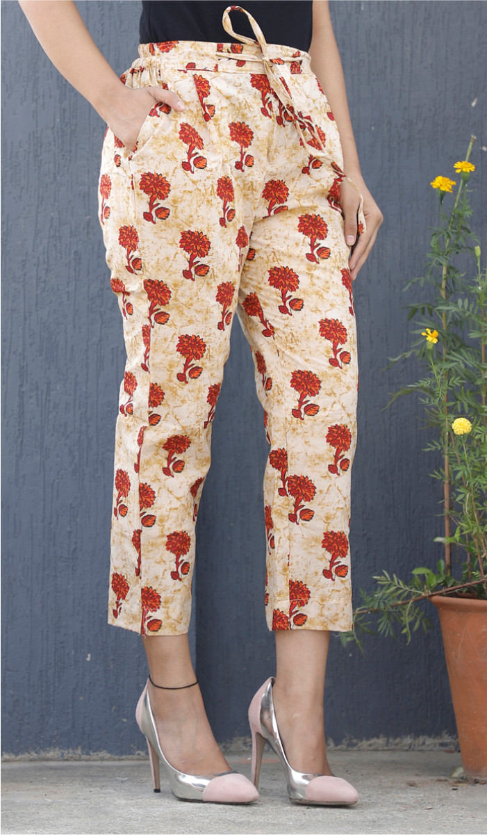 Cream Orange Floral Block Print Cotton Pant-34080