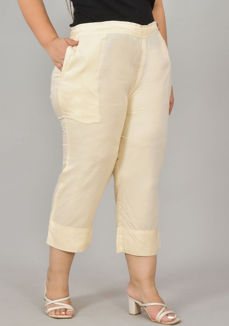 Cream Rayon Plus Size Ankle Length Women Pant-48416