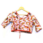Cream-Red and Yellow Bird Kalamkari Print Cotton Blouse-30050