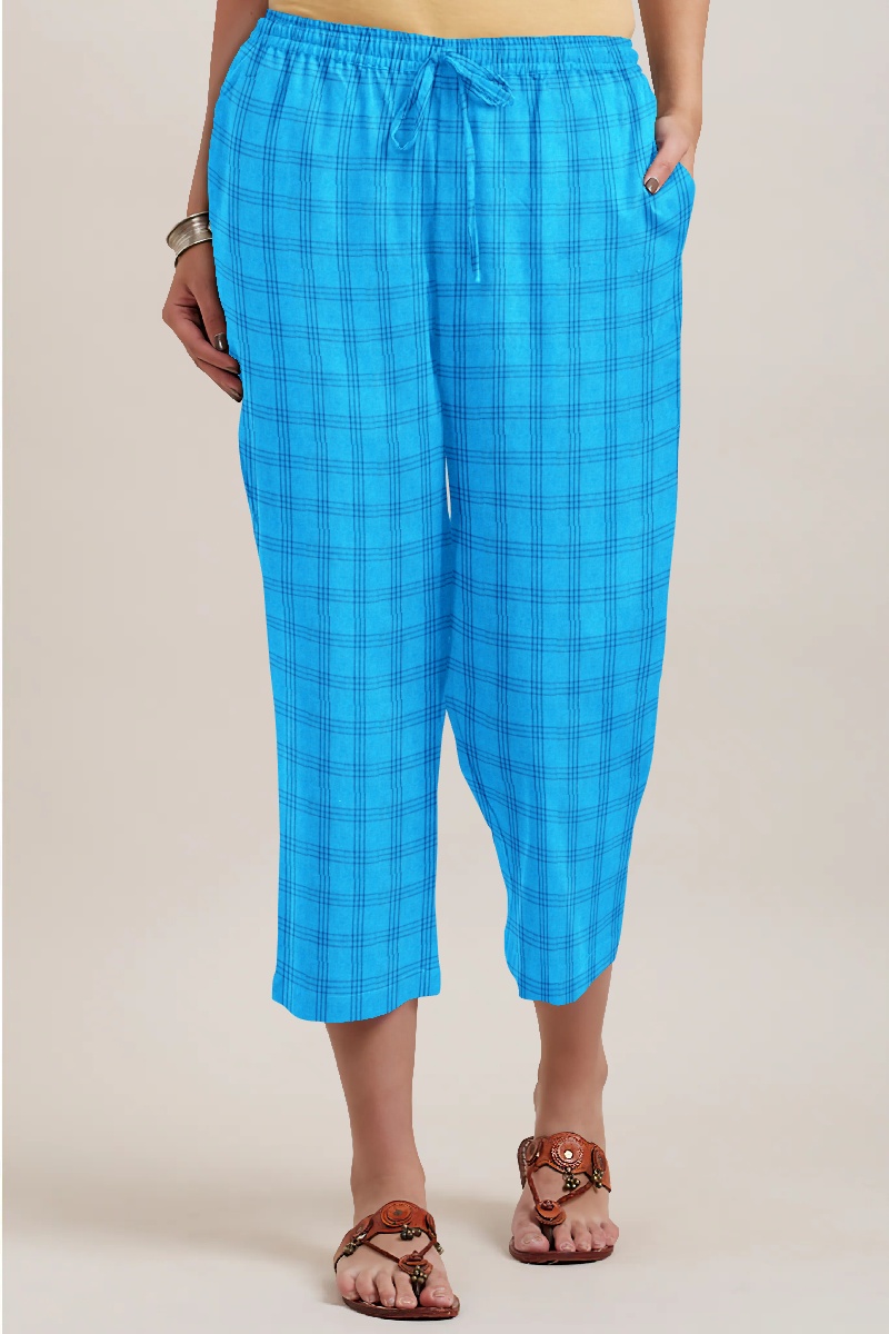 Cyan Blue Cotton Triple Line Check Women Culottes-35924