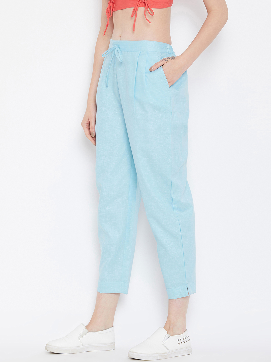Cyan Cotton Cropped Pant-33551