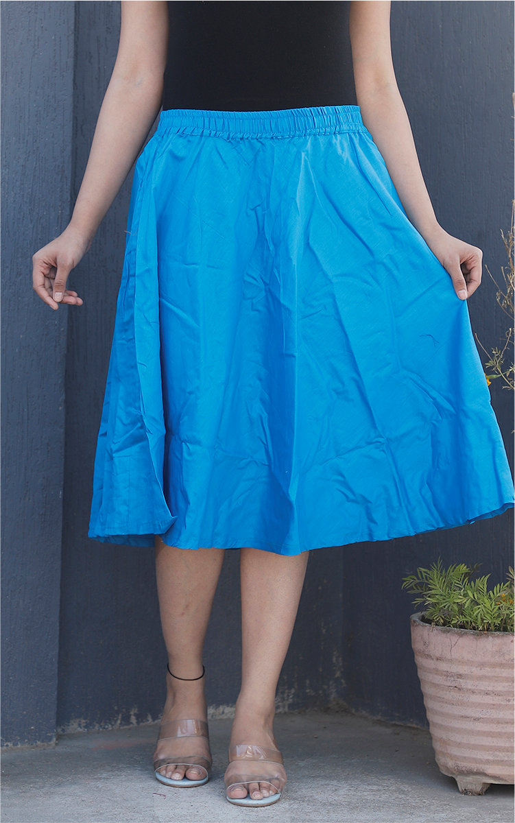 Cyan Cotton Women Knee-Length Skirt-35287