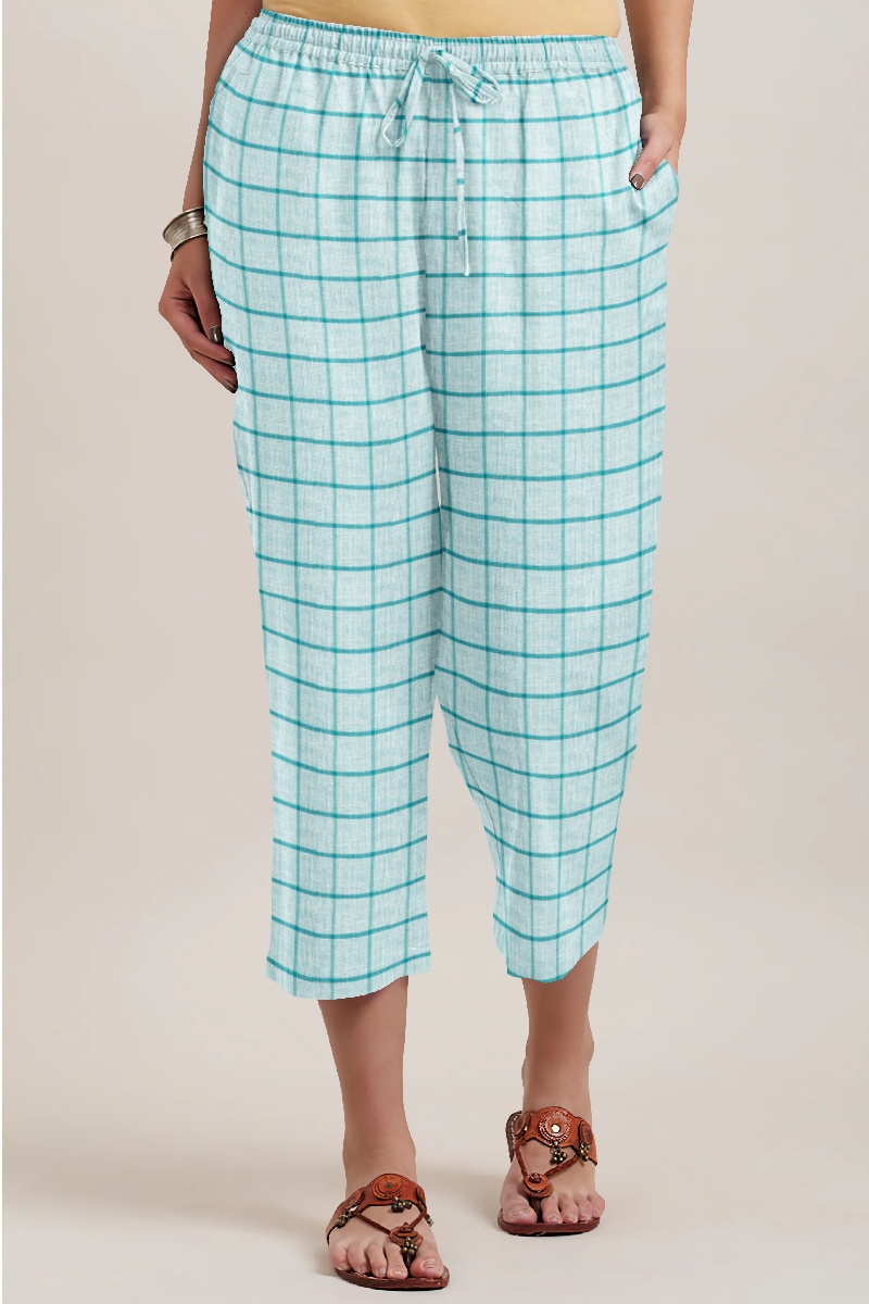 Cyan Sky Blue Cotton Check Women Culotte-35932