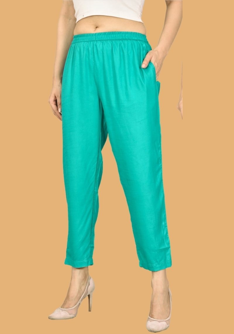 Cyan Solid Rayon Slub Women Ankle Length Pant-43577