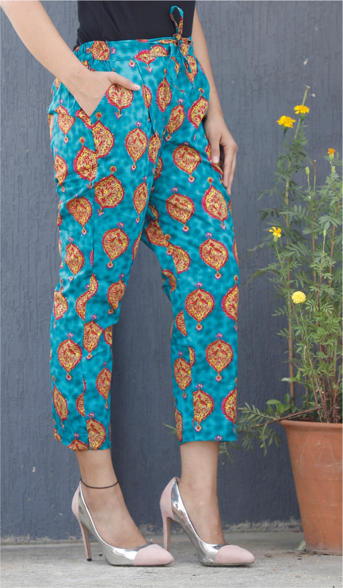Cyan Yellow Floral Block Print Cotton Pant-34079