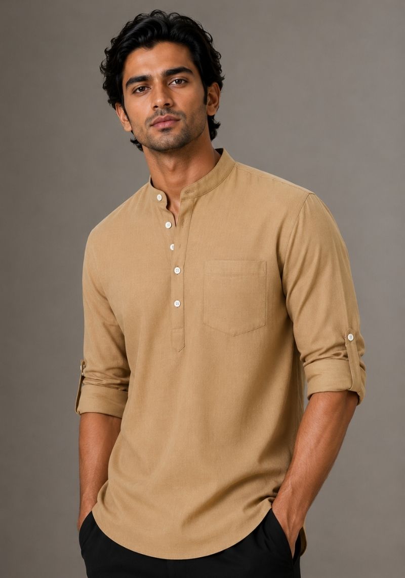 Dark Beige Linen Solid Short Kurta-51028