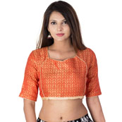 Golden and Orange Elbow Sleeve Silk Brocade Blouse-30194