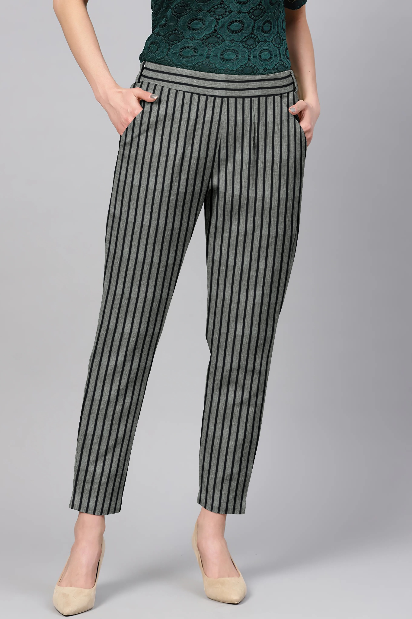 Gray Black Cotton Stripe Regular Fit Solid Trouser-36051