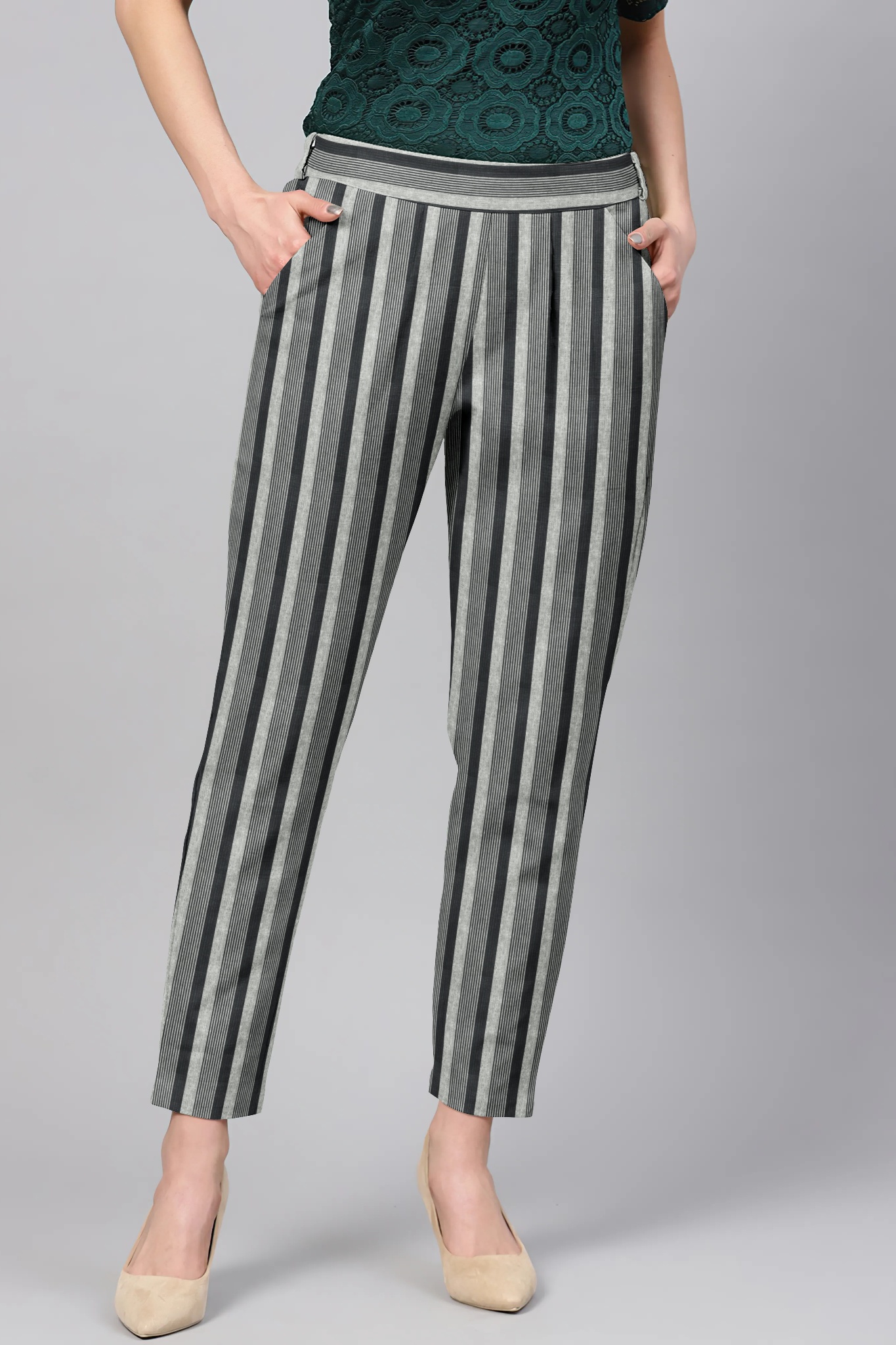 Gray Black Cotton Stripe Regular Fit Solid Trouser-36092