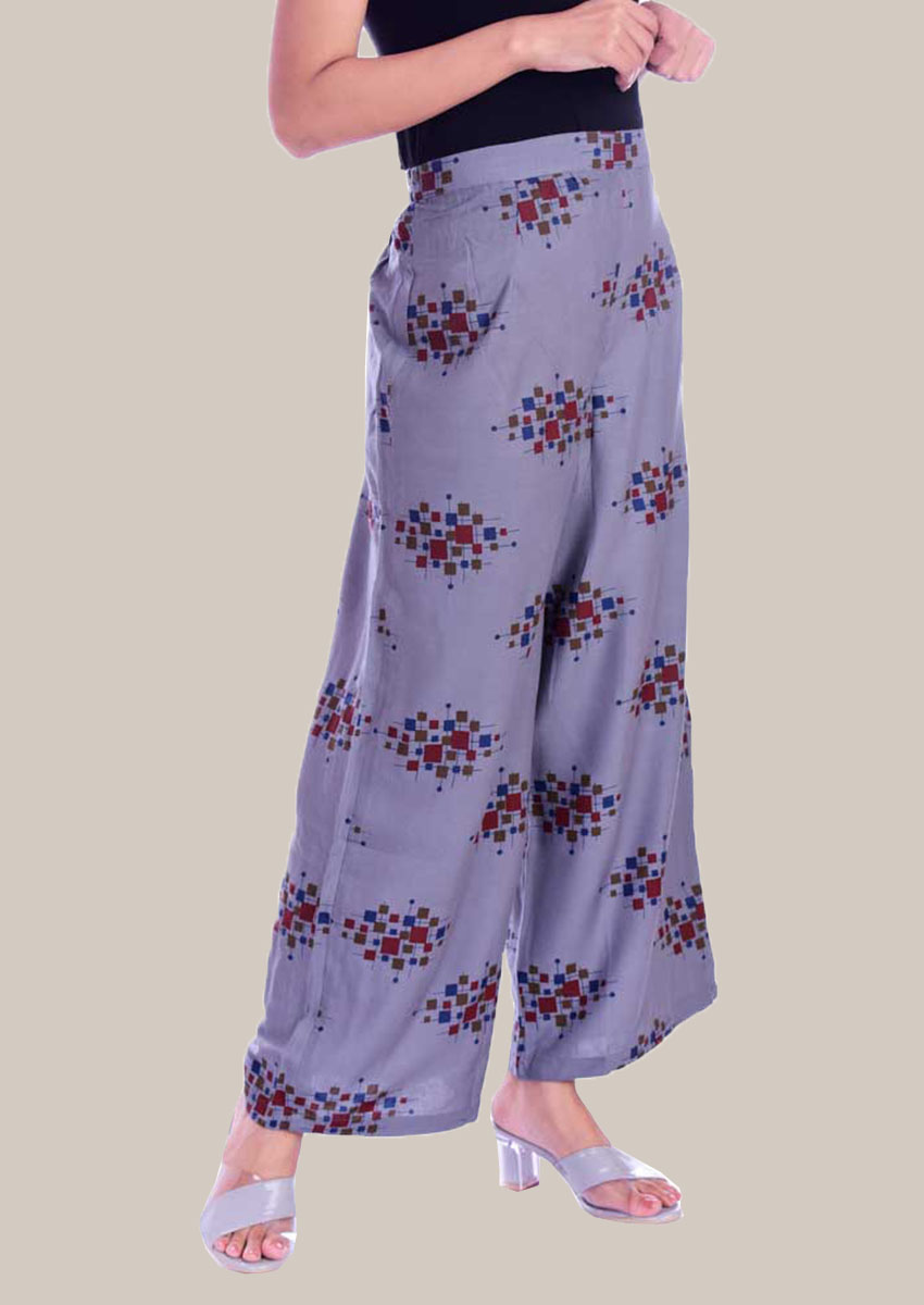 Gray Blue and Maroon Rayon Palazzo Pant-34310