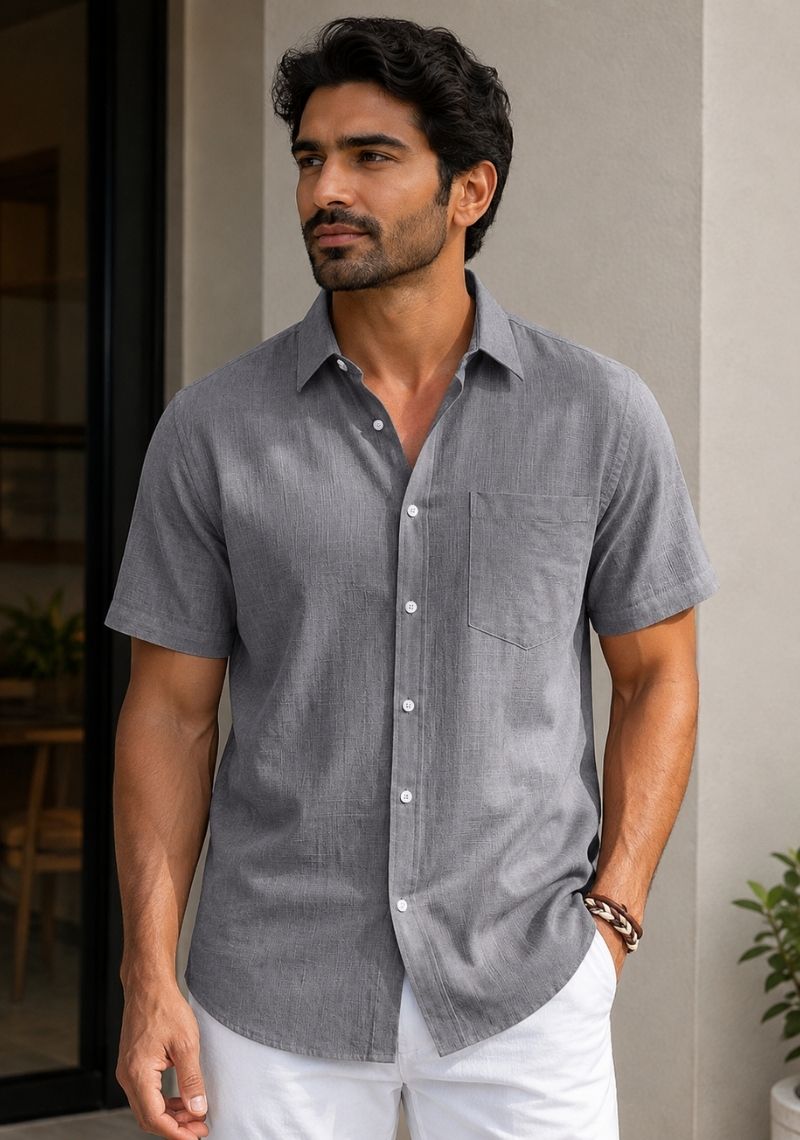 Gray Cotton Linen Relaxed Fit Half Sleeve Shirt-51705