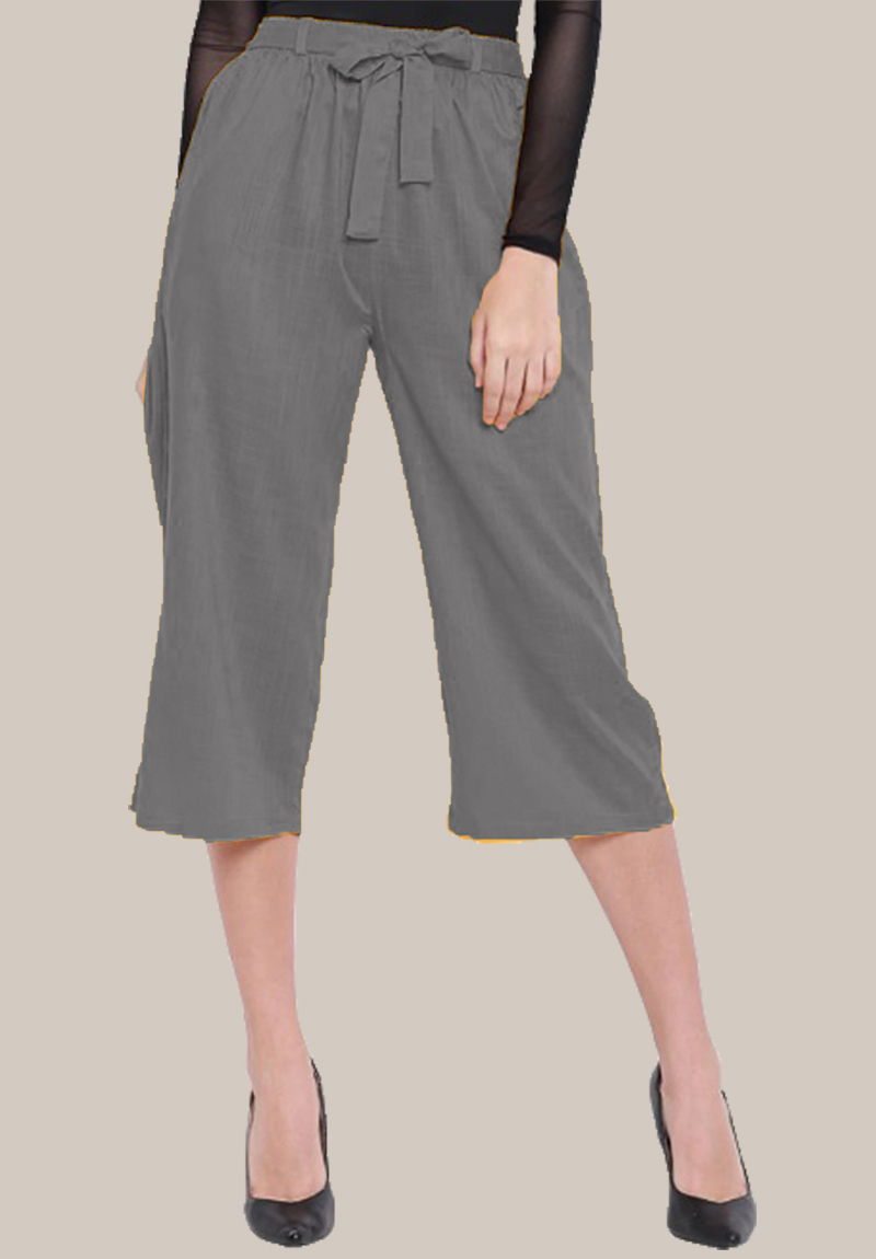 Gray Rayon Solid Women Culottes with Belt-35114
