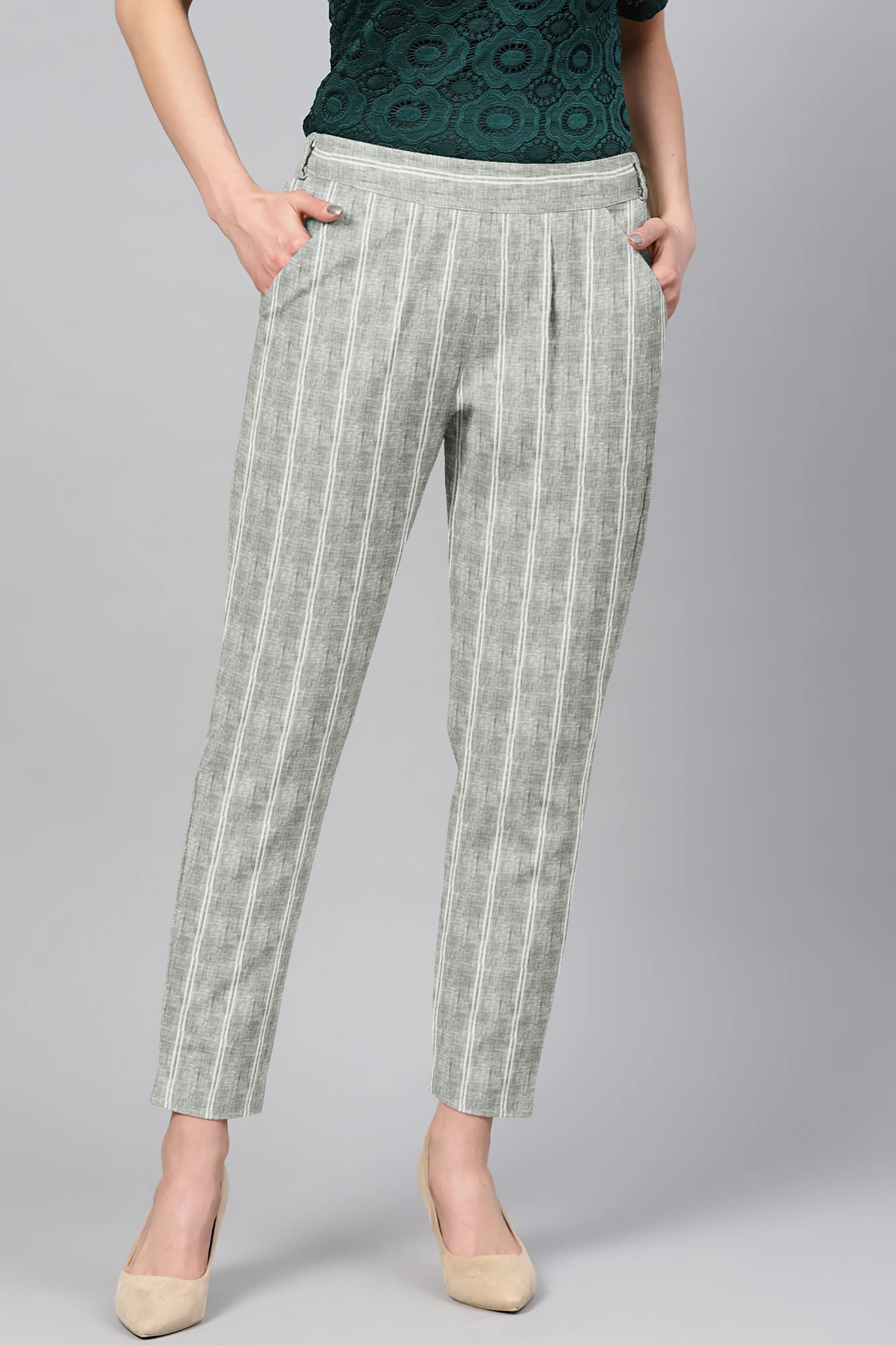 Gray White Cotton Stripe Regular Fit Solid Trouser-36060