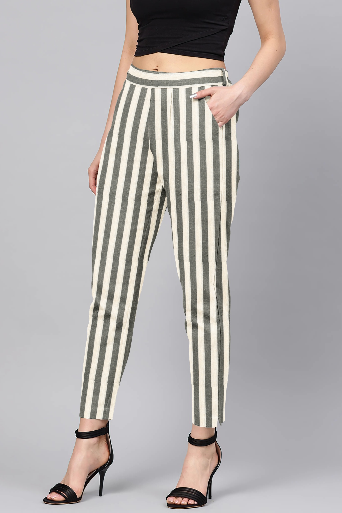 Gray White Cotton Stripe Regular Fit Solid Trouser-36086