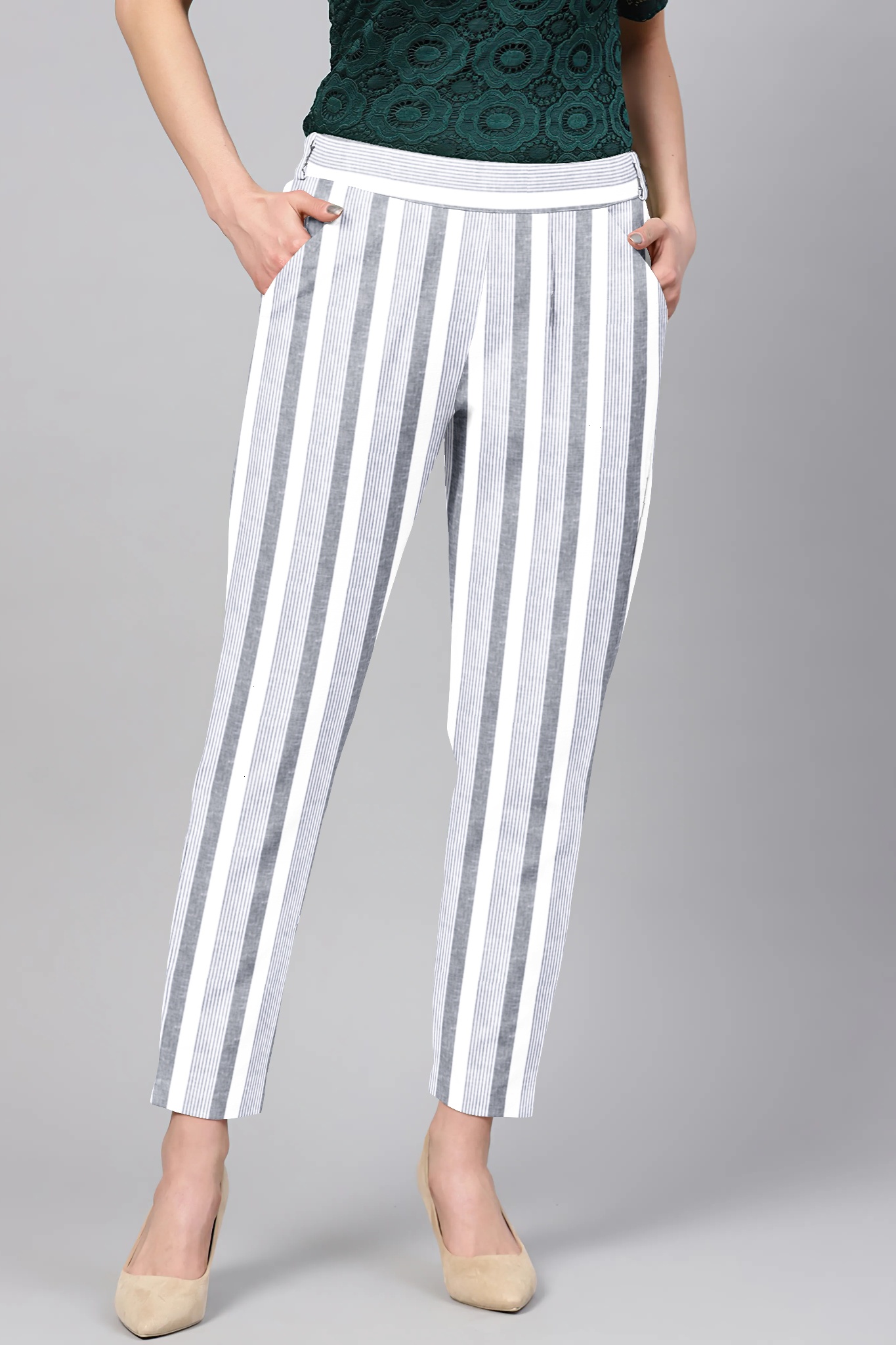 Gray White Cotton Stripe Regular Fit Solid Trouser-36088