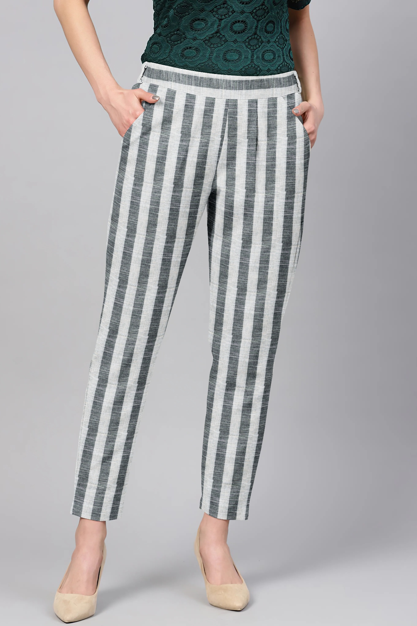 Gray White Cotton Stripe Regular Fit Solid Trouser-36105