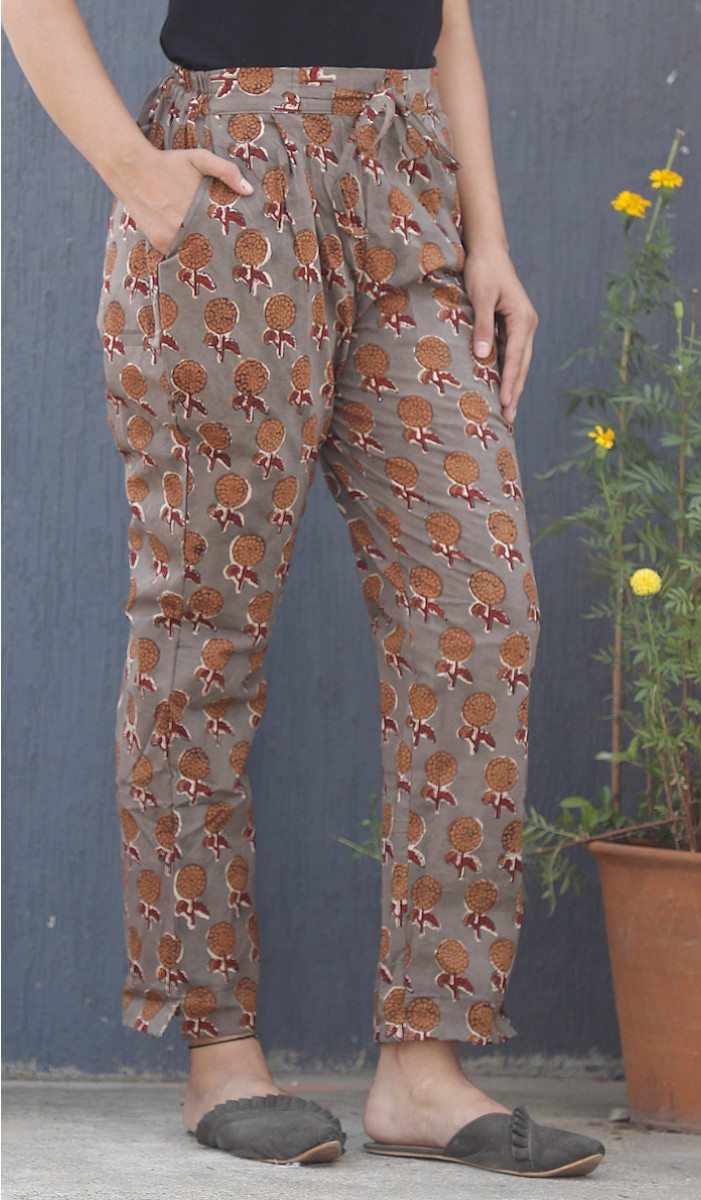 Gray Yellow Floral Block Print Cotton Pant-34110