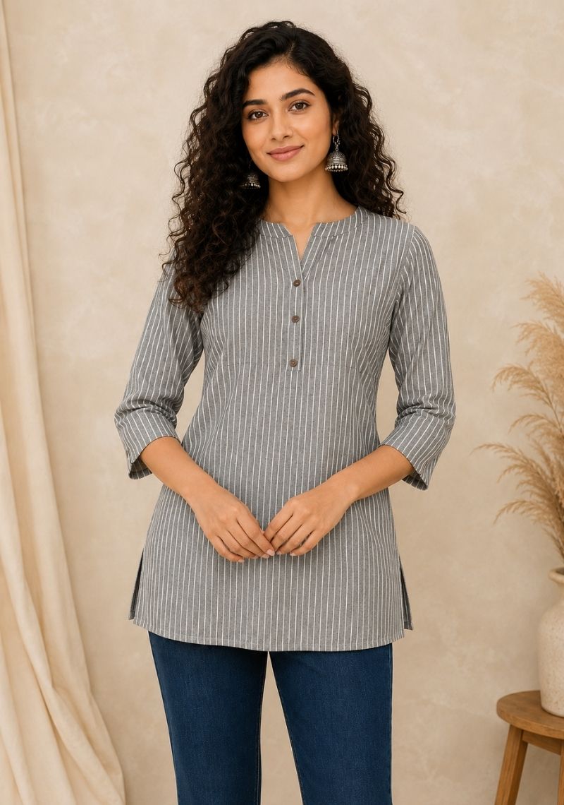 Gray and White Cotton Ethnic Women Stripe Short Top-51173