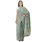 Gray and White Zig Zag design Cotton Dabu Block Print Saree-20095