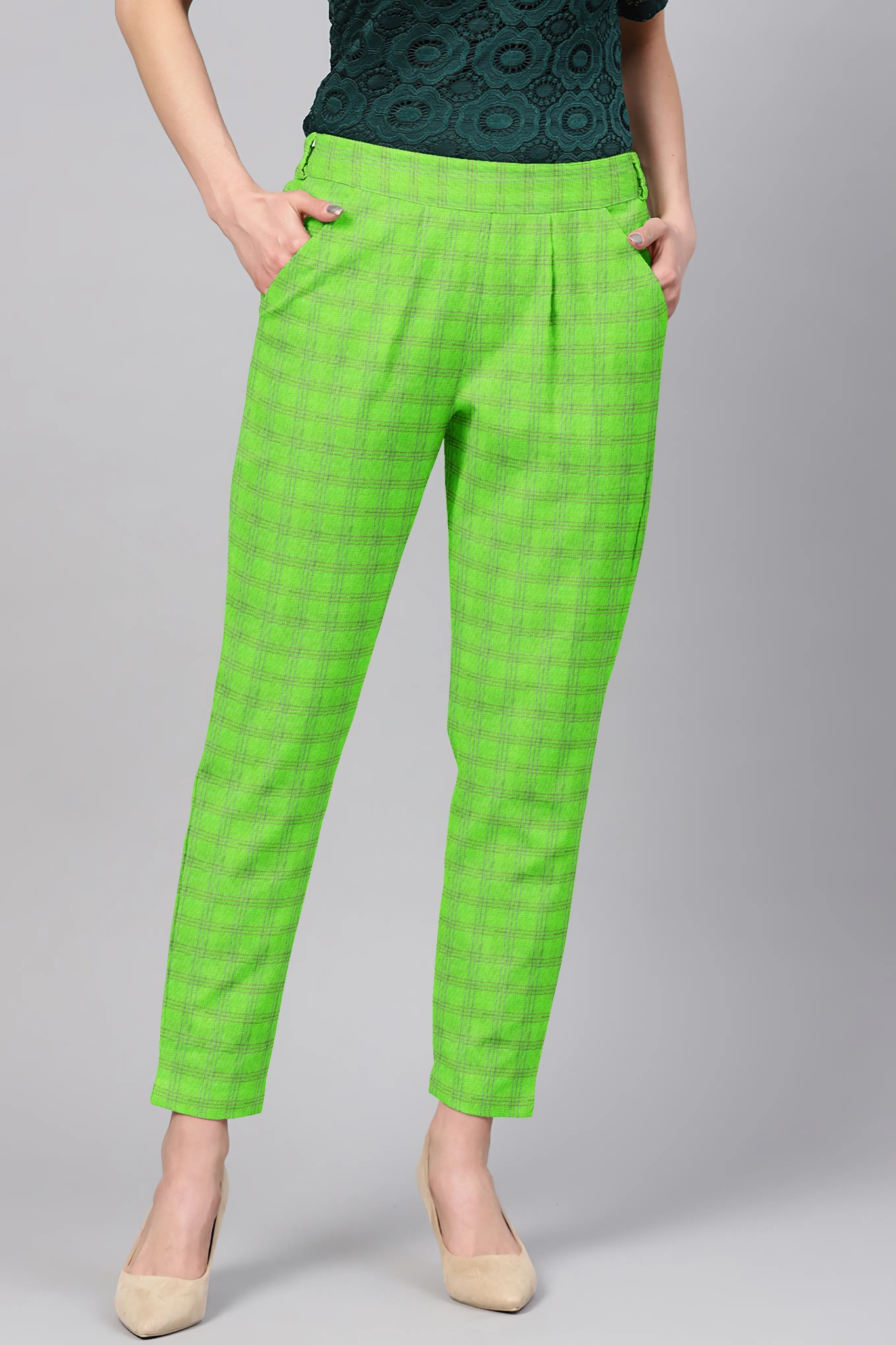 Green Black Cotton Check Regular Fit Solid Trouser-36049