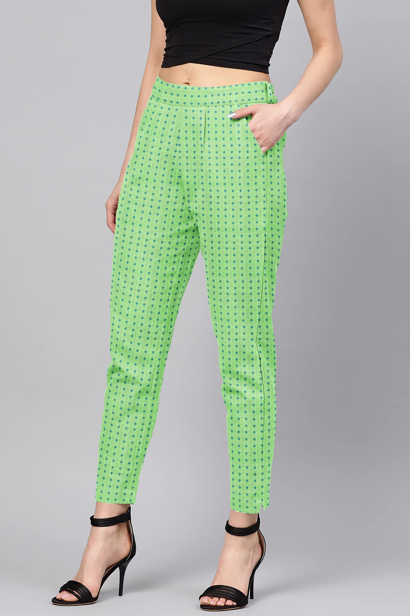 Green Black Cotton Polka Regular Fit Solid Trouser-36047
