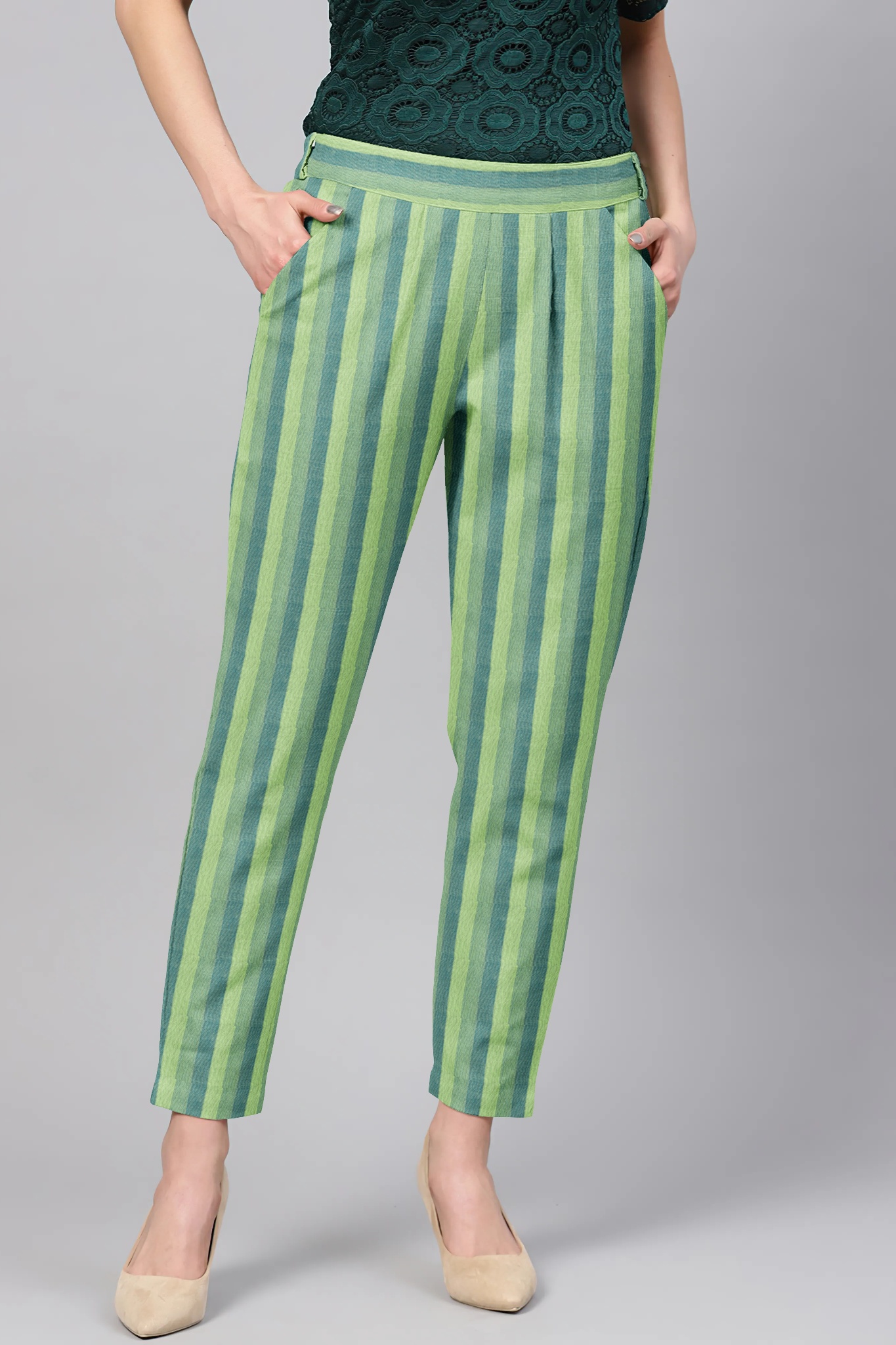 Green Blue Cotton Stripe Regular Fit Solid Trouser-36052