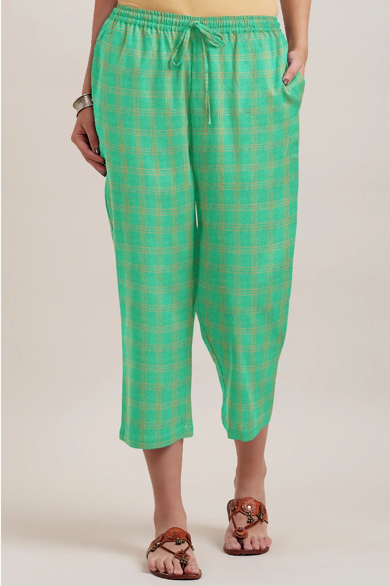 Green Brown Cotton Triple Line Check Women Culottes-35922