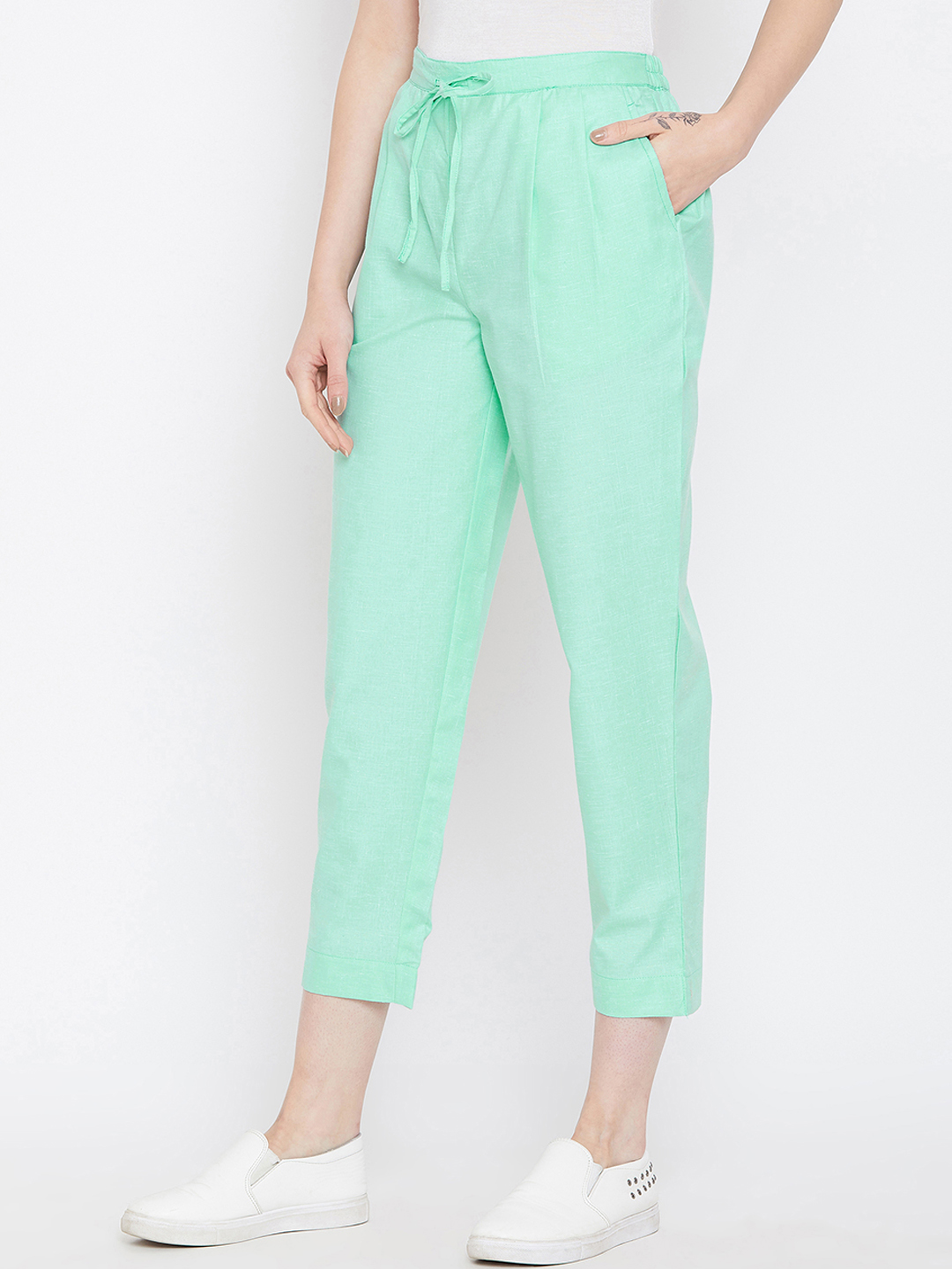 Green Cotton Cropped Pant-33545