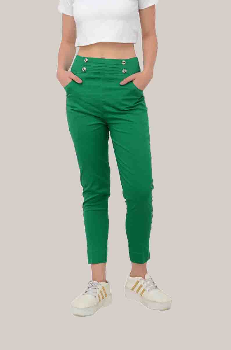 Green Cotton Lycra Roll Up Pant-33493