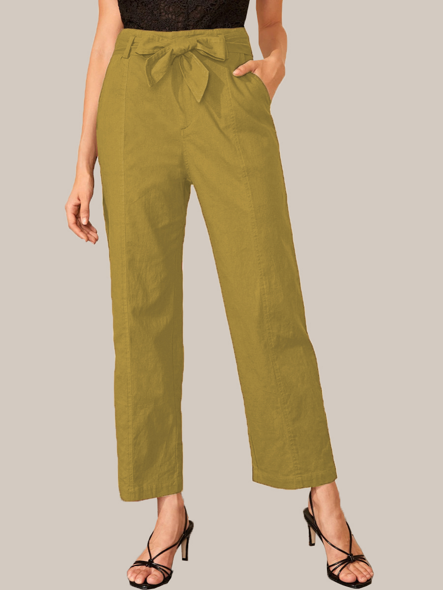 Green Cotton Solid Wide Leg Pants With Belt-33926