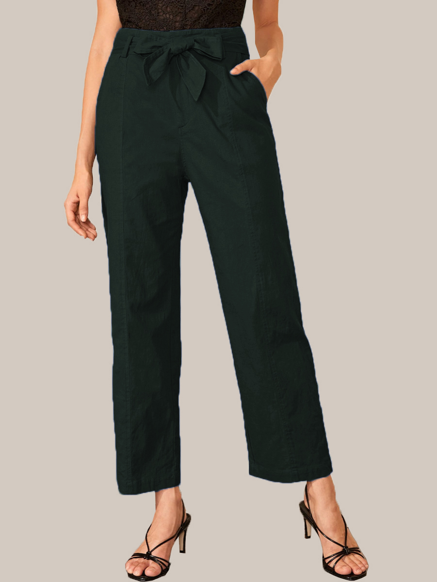 Green Cotton Solid Wide Leg Pants With Belt-33927